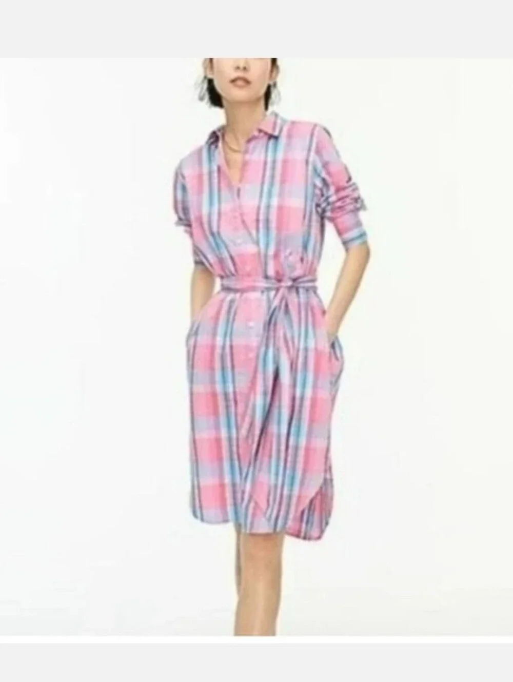 J. Crew Shirt Dress Women’s Size 4 Pink Plaid Tie Waist Button Midi Shirt Dress